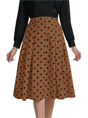 Womens Midi Skirt Elastic Waist Button Front A-Line Flared with Pockets